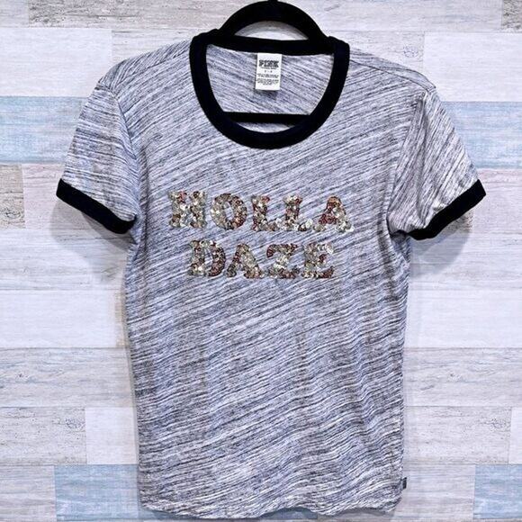 PINK Victorias Secret HOLLA DAZE Sequin Ringer Tee Gray Black Gold Womens Small - Picture 1 of 5
